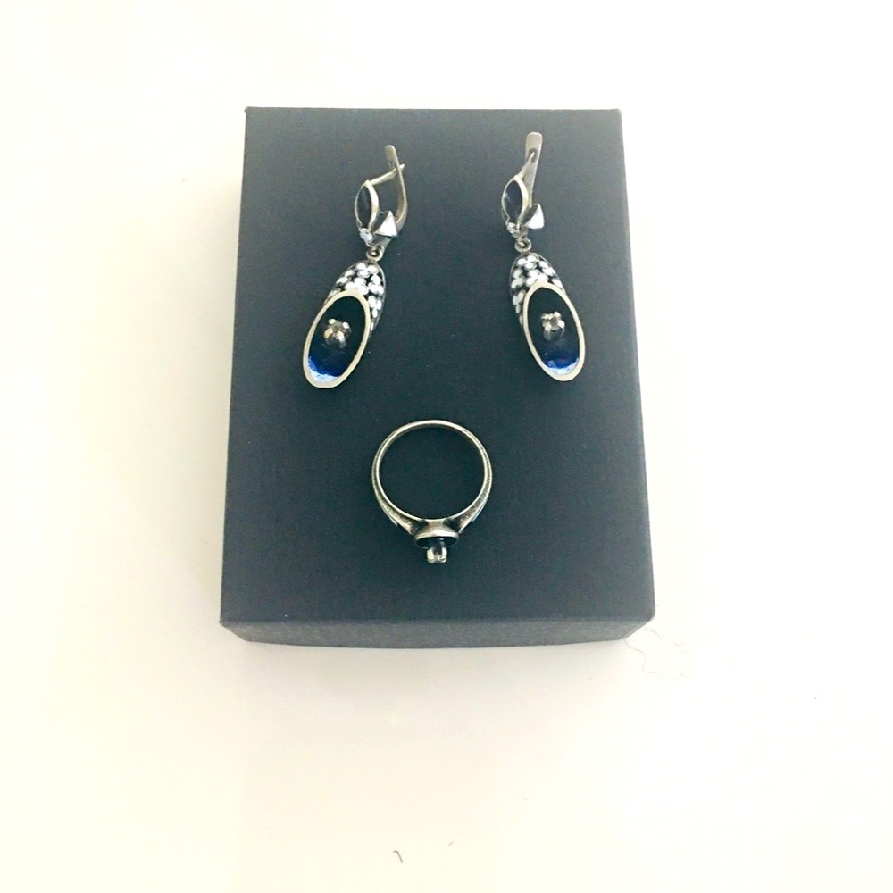 Vintage silver set earrings+ ring  with enamel and phianite stones 925